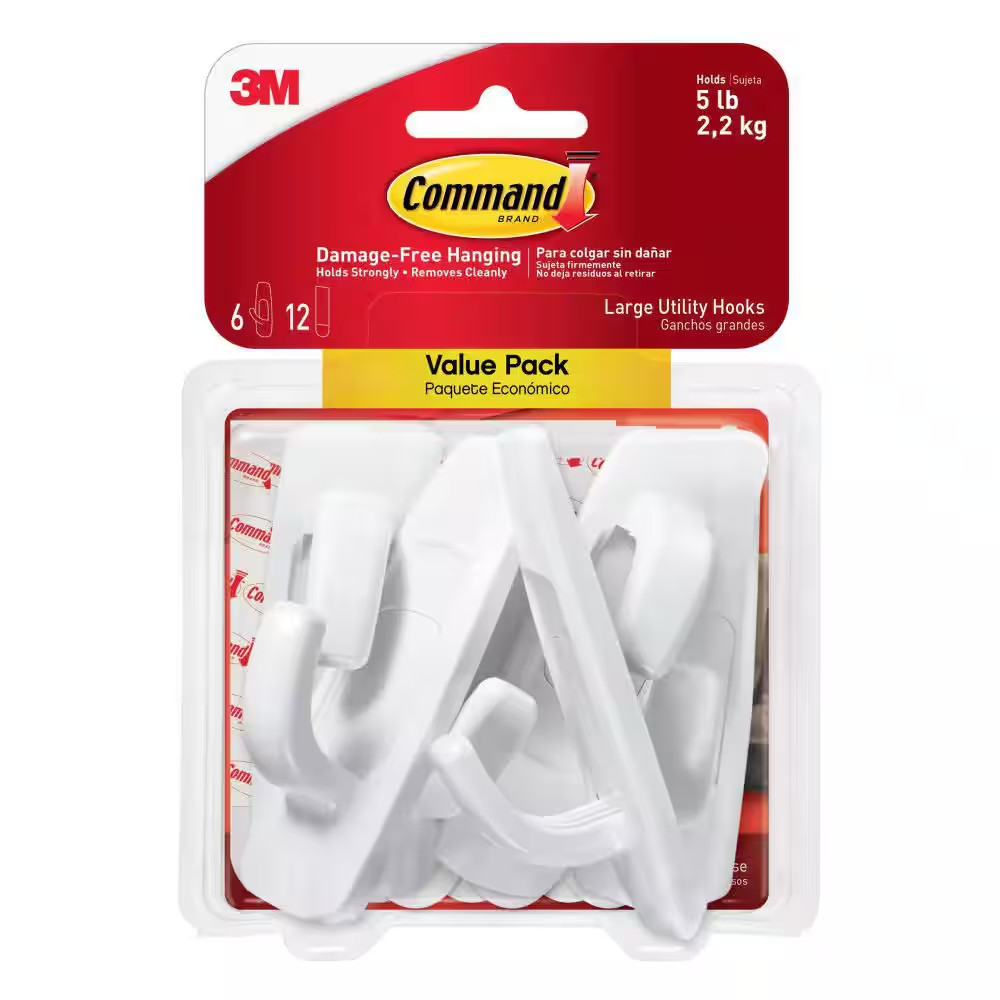 Command Large Utility Hooks, White, Damage Free Hanging, 6 Hooks and 12 Command