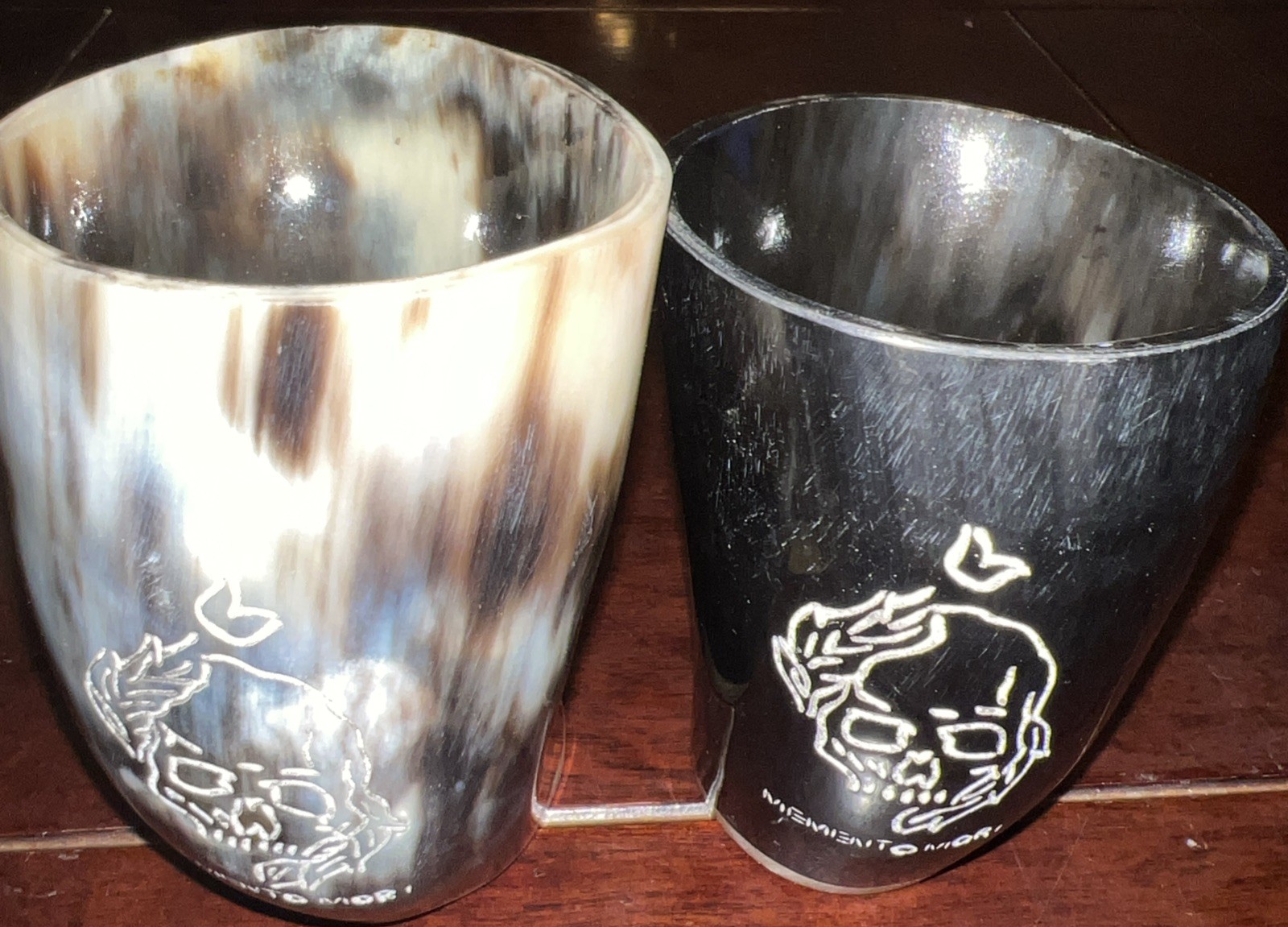 Set Of 2 Natural Medieval Viking Dining Ram Horn Drinking Cup Memento Mori Skull
