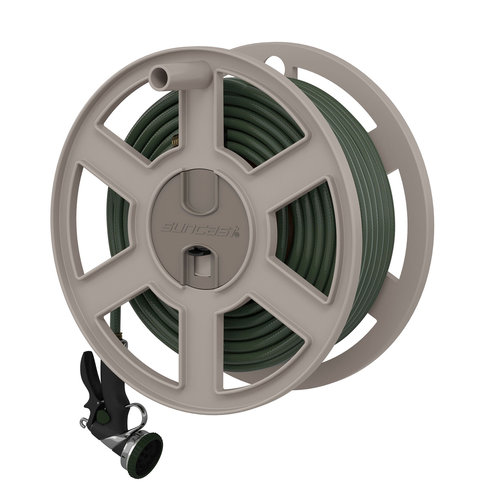 Suncast Sidewinder 100 Foot Wall Mount Garden Yard Outdoor Hose Reel, Taupe