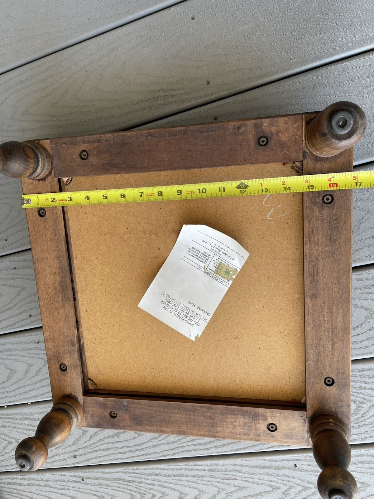 Ethan Allen Bronze Vinyl Cushion Top Solid Wood Base Vtg Ottoman Footstool