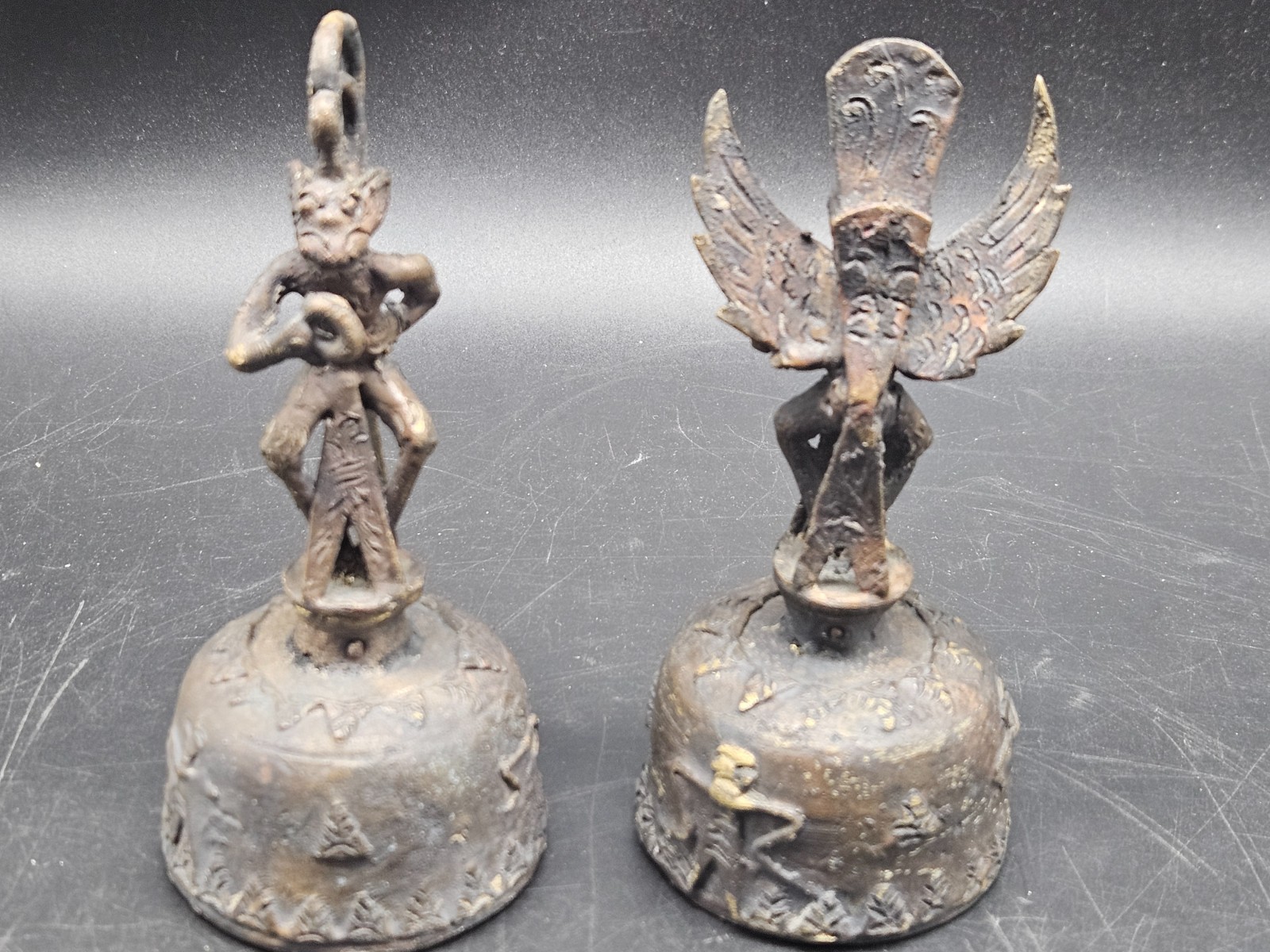 Pair Vintage Bronze God Garuda Ceremonial Bells Indonesia Buddhism