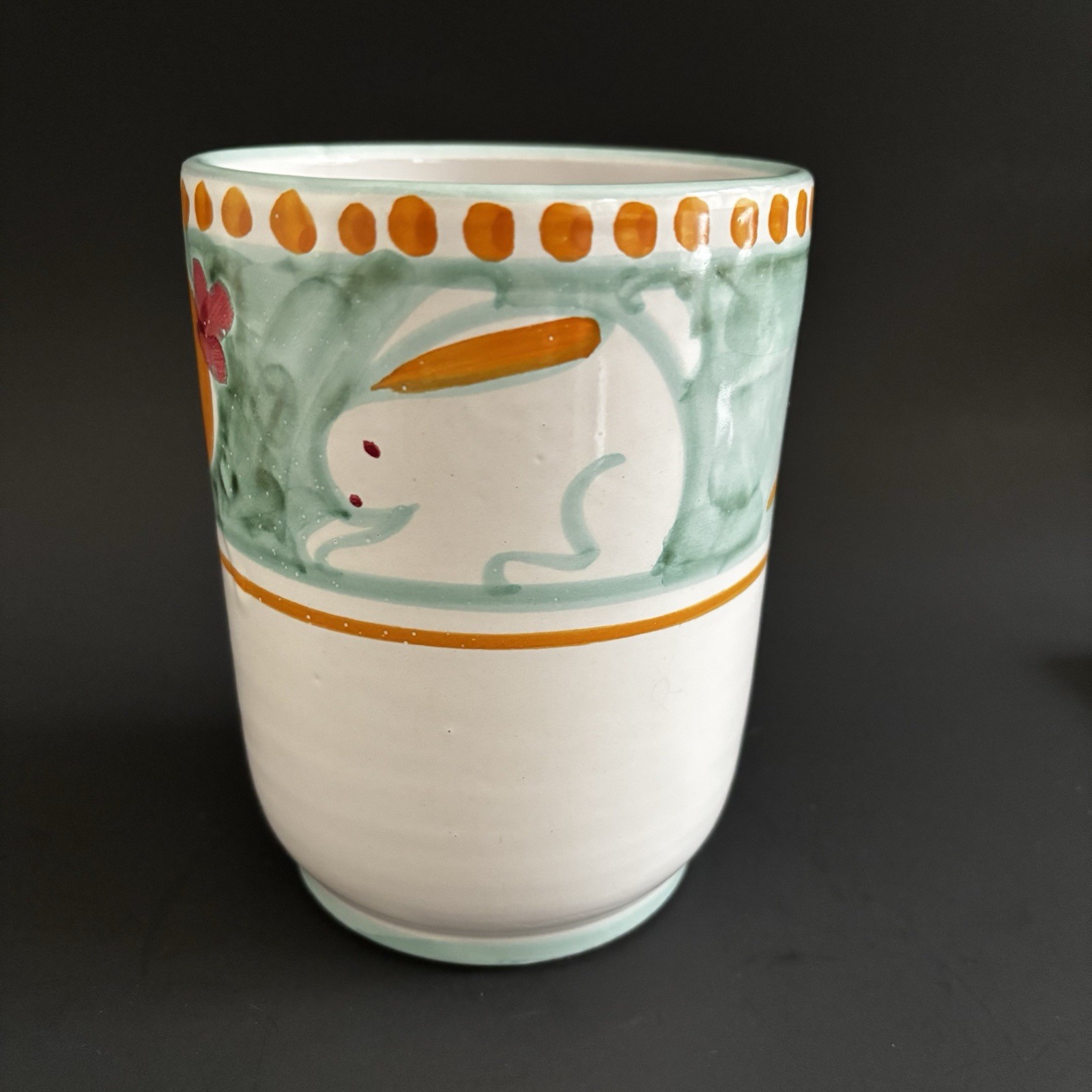 Solimene Vietri Bunny Rabbit Carrot 6.25” Utensil Crock Jar Container Italy