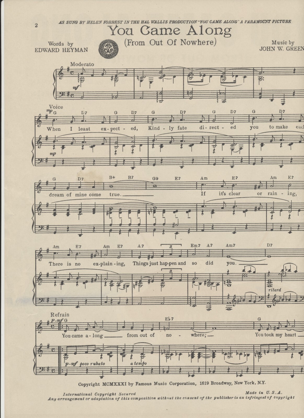 You Came Along (From Out of Nowhere) 1931 Vintage Sheet Music Paramount Famous