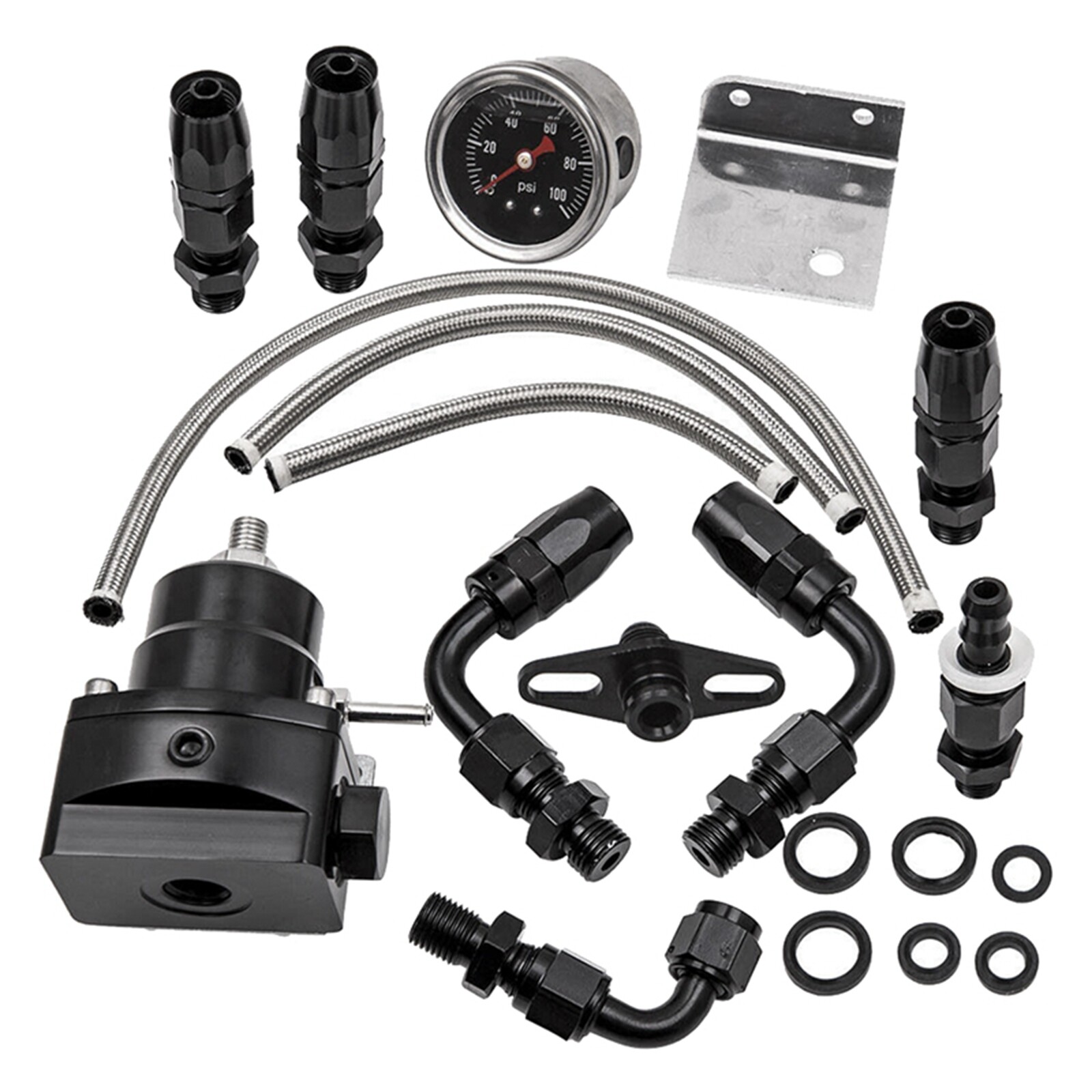 Universal Adjustable Fuel Pressure Regulator Kit 100psi Guage AN6 Fitting Black