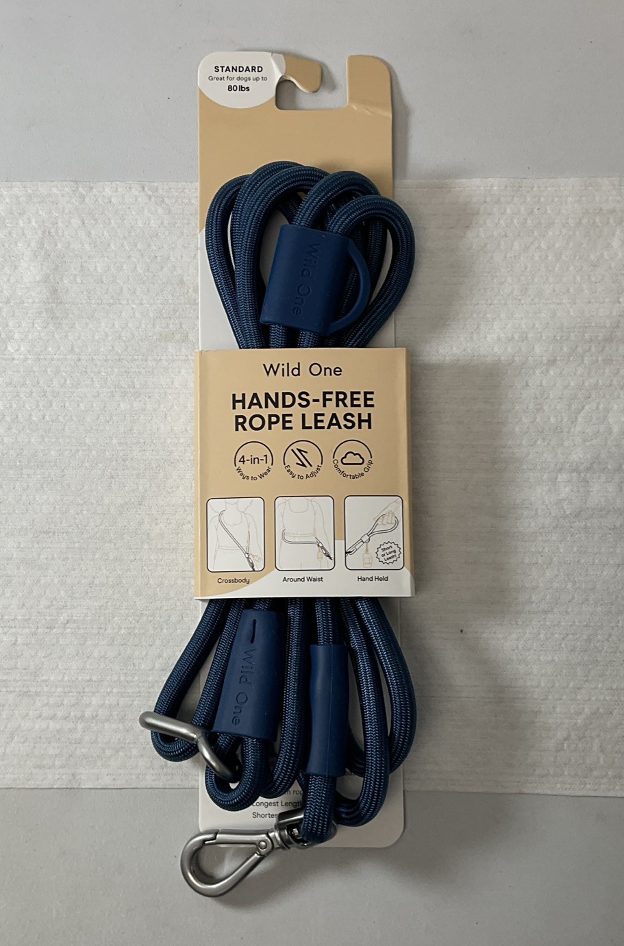 Wild One Adjustable Hands-Free Standard Rope Leash - Navy - Brand New