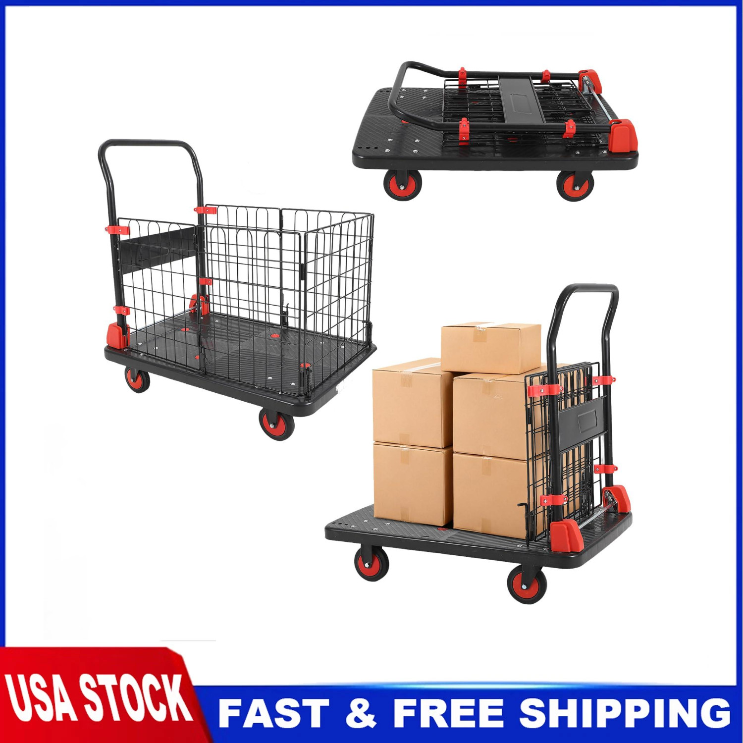 1000Lbs Platform Truck Cart with Cage 2in1 Heavy Duty Push Cart Dolly Foldable
