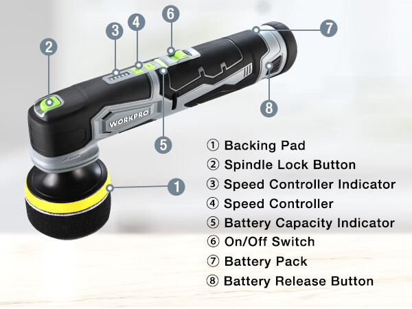 WORKPRO Cordless Mini Buffer Polisher 12V 5 Variable Speed Up to 3000RPM Battery