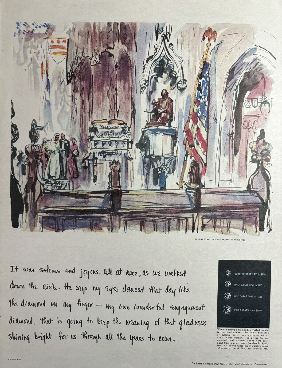 1946 De Beers Consolidated Mines Ltd Diamonds Wedding Valley Forge VTG Print Ad