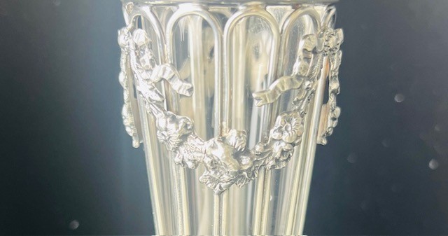 1907 J.B & Co. Birmingham Weighted Sterling Silver Vase with Glass Liner w/ Mono