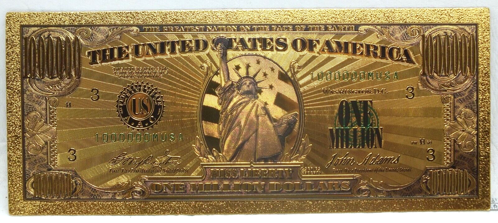 Lady Liberty $1000000 Million Dollar Novelty 24K Gold Plated Note Currency GFN41
