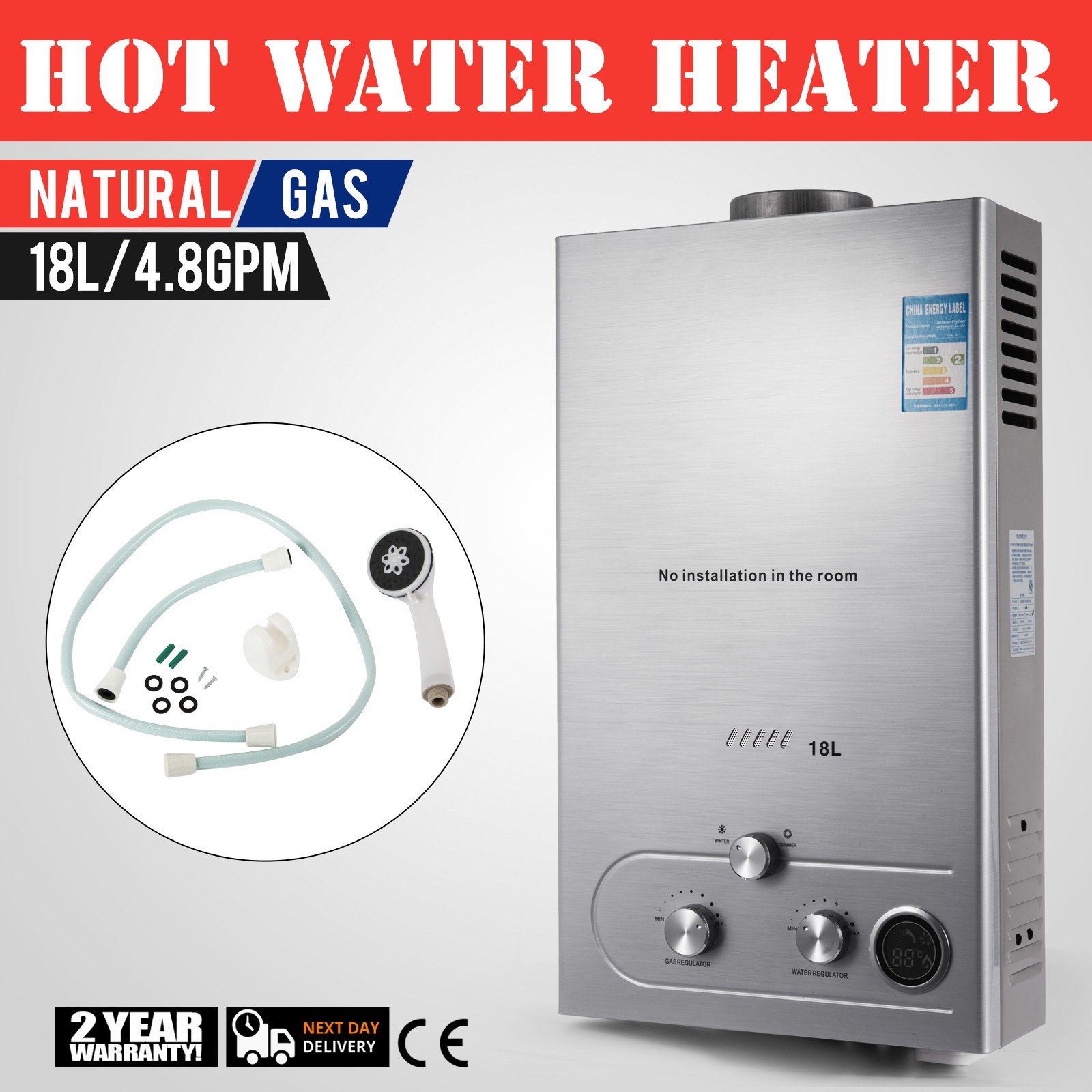 18L 5GPM Natural /Propane Gas Hot Water Heater Tankless On-Demand Instant Boiler