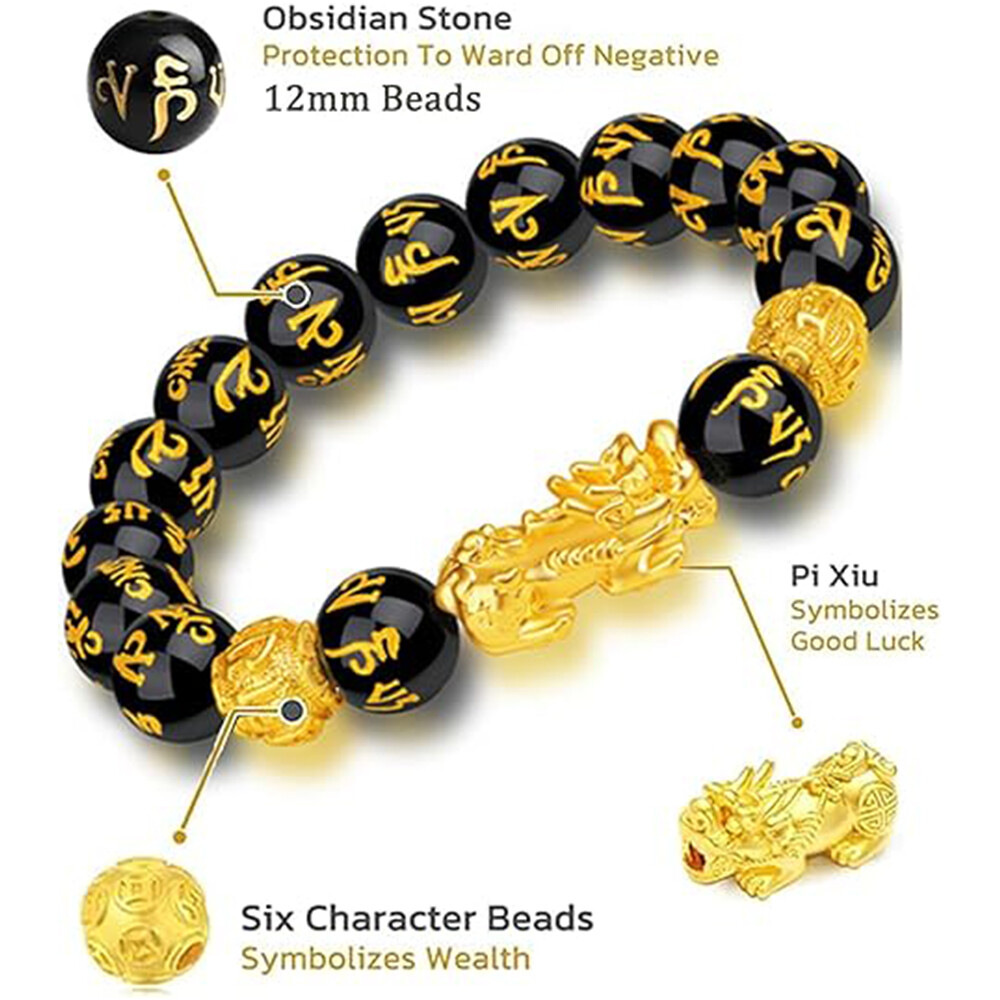 Feng Shui Black Obsidian Beads Pixiu Bracelet Attract Wealth Good Luck Jewelry