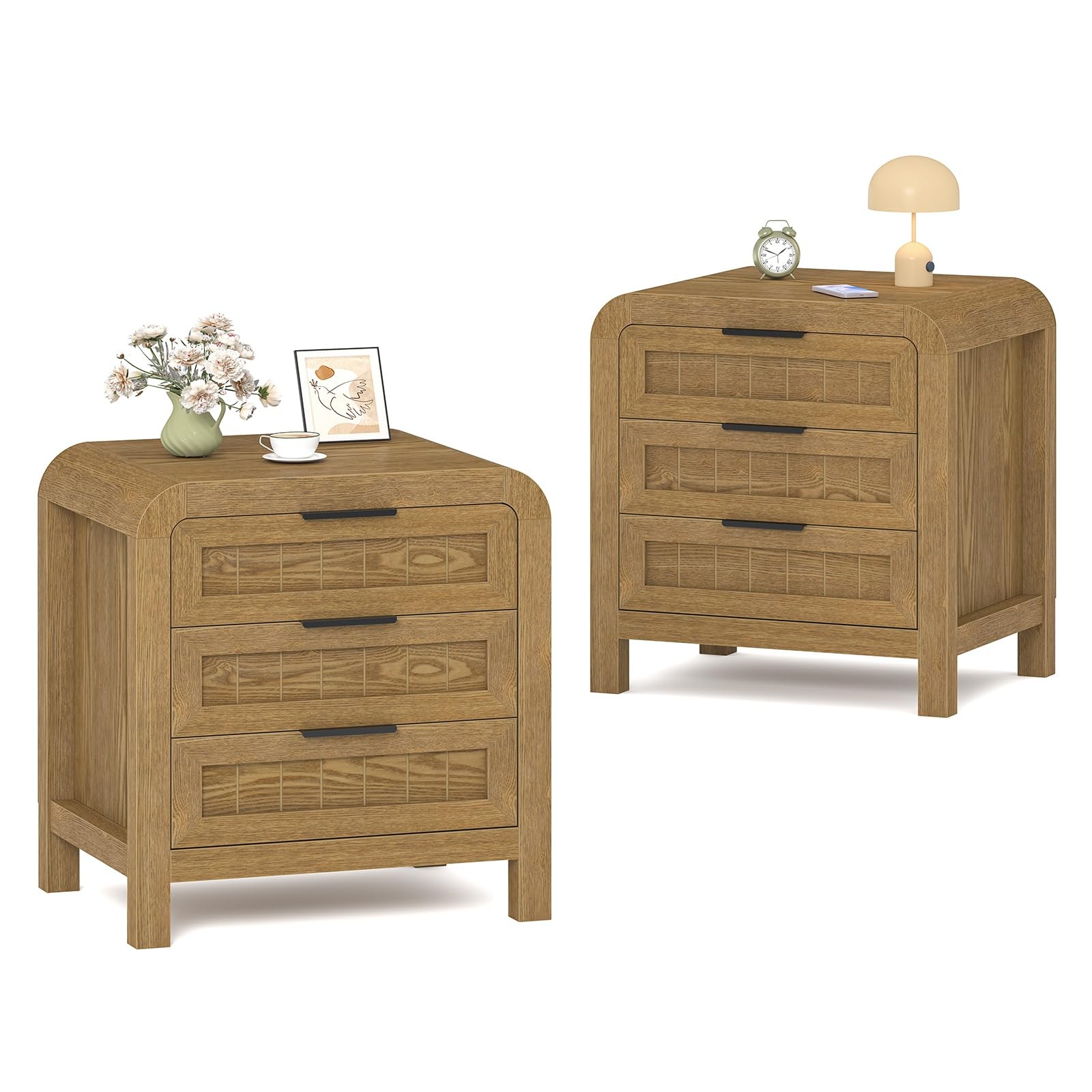 Curved NightStand Set of 2 with 3 Drawer 21" Solid Wood Nightstand