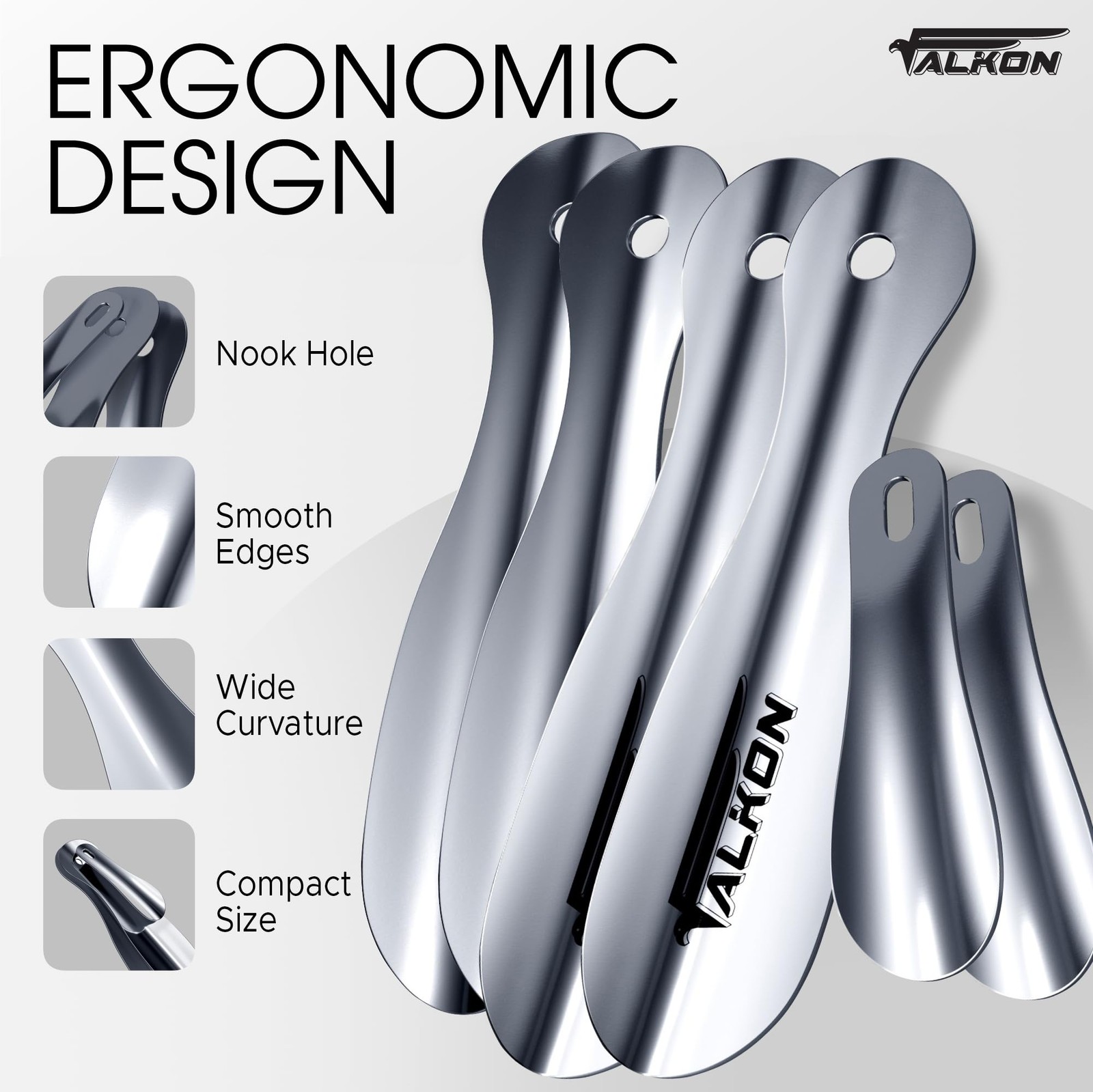 FALKON Set of 6 Metal 7.5” Shoe Horns – for 7.5" and 4", Silver