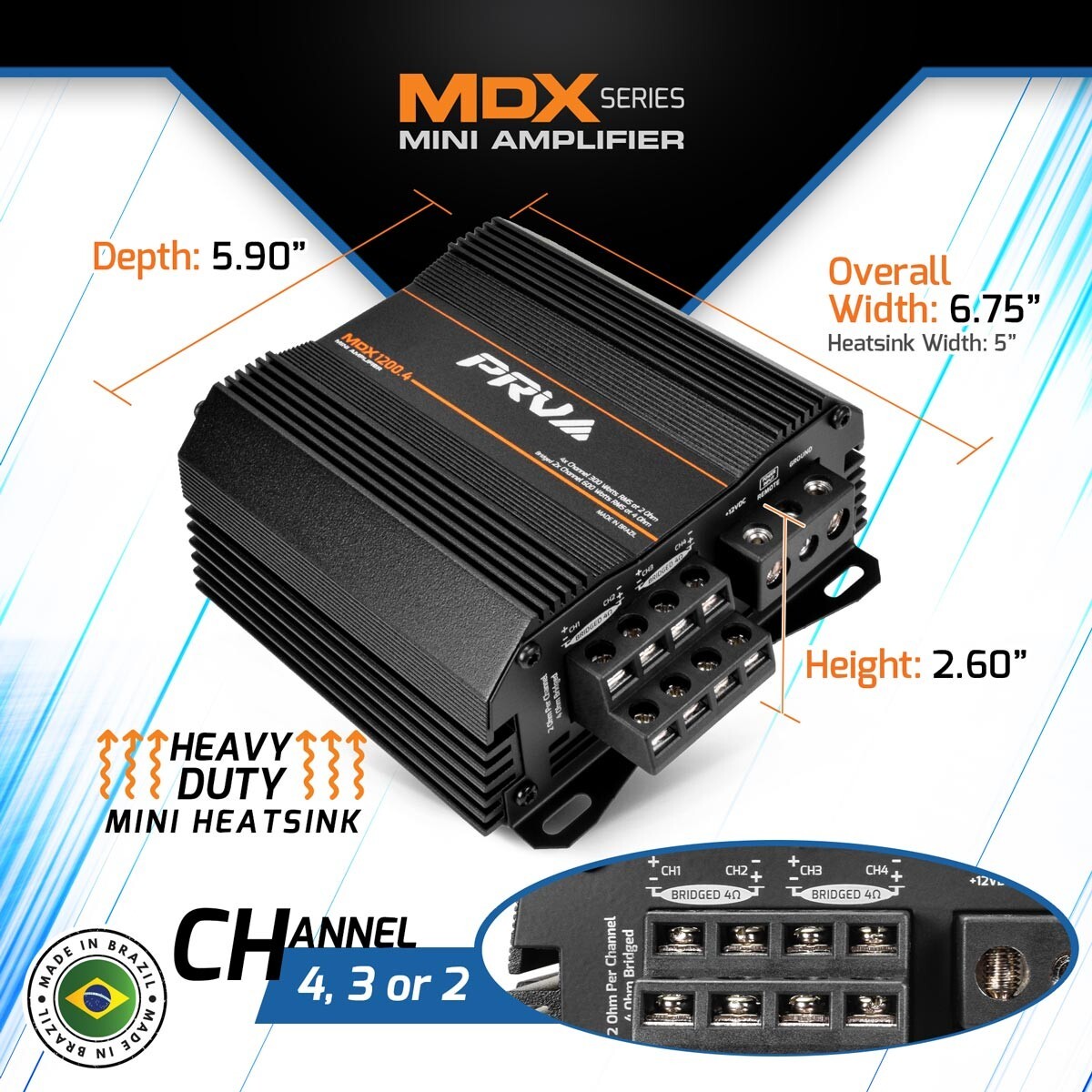 PRV MDX1200.4 2 Ohm Mini 4 Channel Amp 4x 300 Watts Compact Car Audio Amplifier