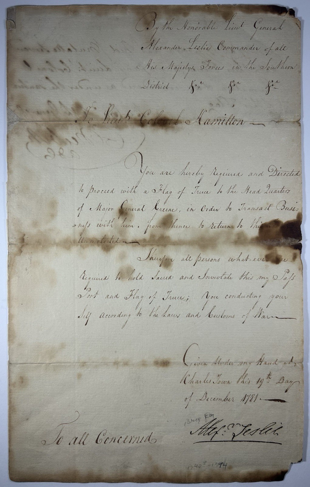 1781 "Flag of Truce" Letter to Begin Surrender Negotiations w/ Nathanael Greene