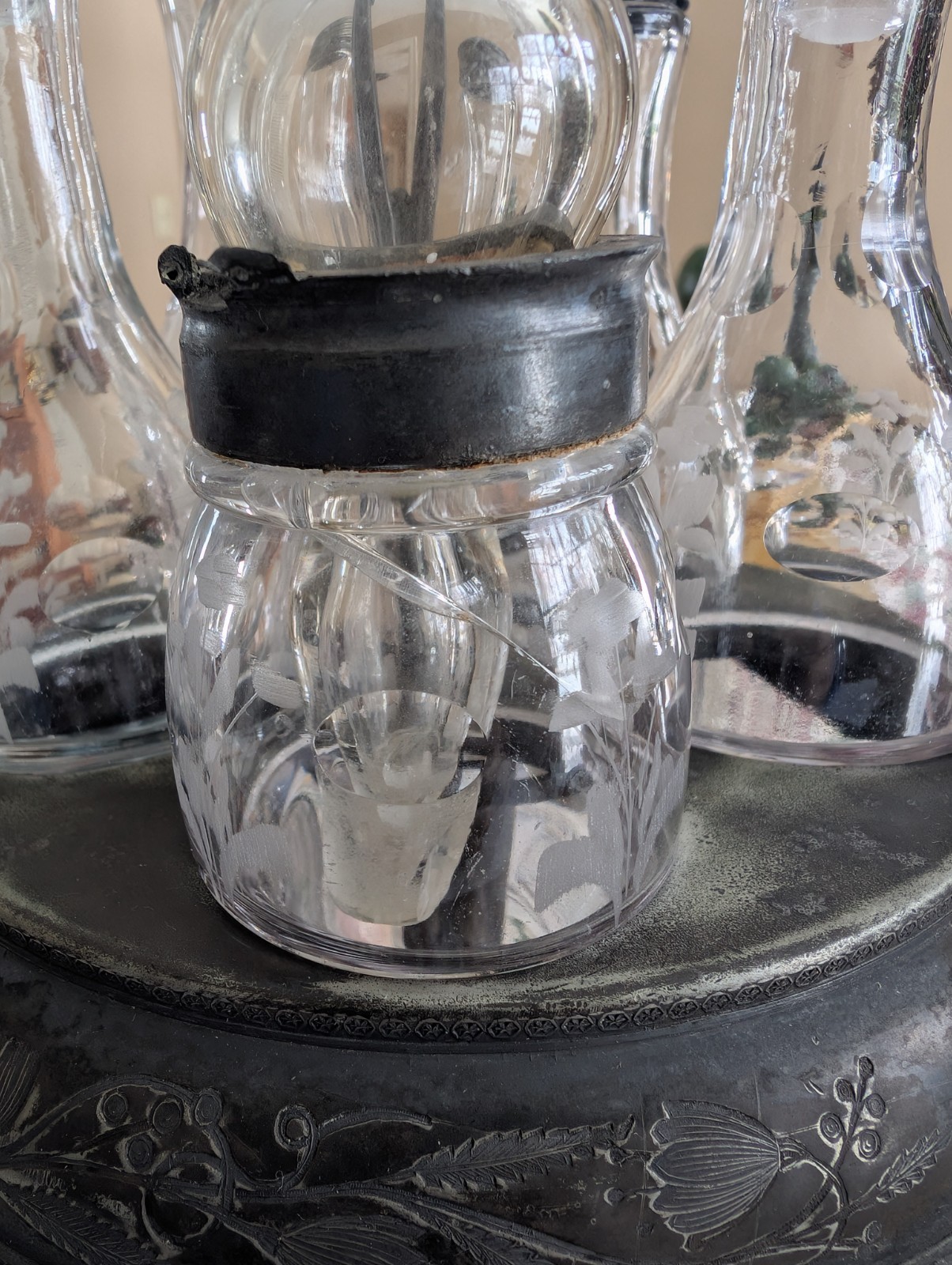 Antique Victorian Silverplate 7-piece Rotating Condiments Cruet Set w/Stoppers