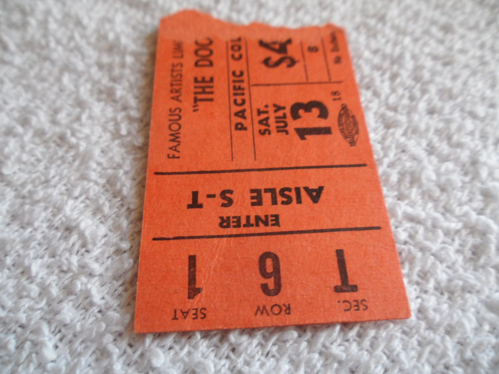 THE DOORS Original__1968__CONCERT TICKET STUB__Vancouver__EX