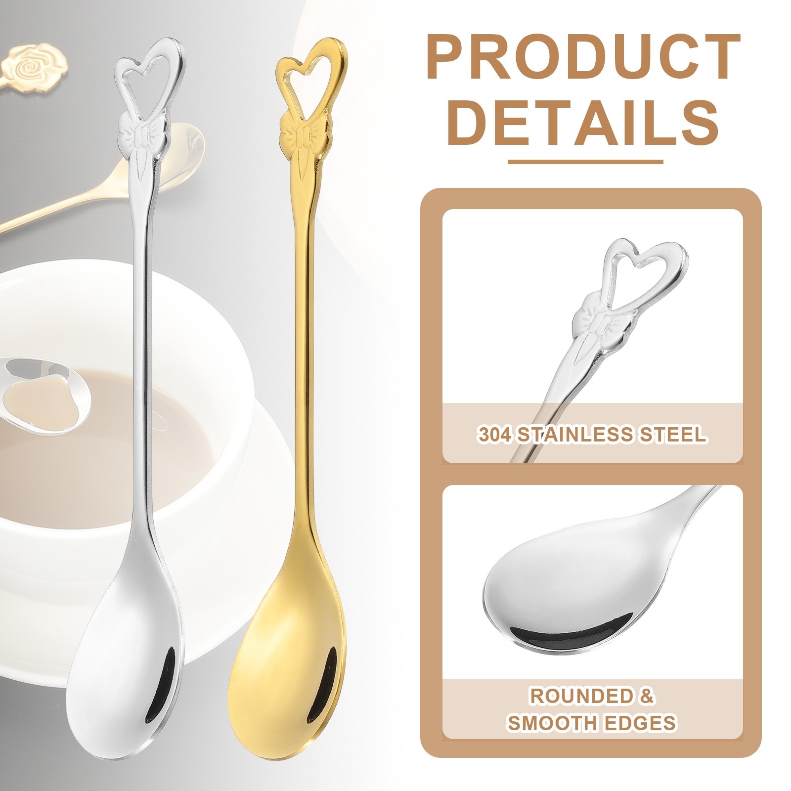 6pcs Coffee Spoons, Heart Tea Spoons Stainless Steel, Silver