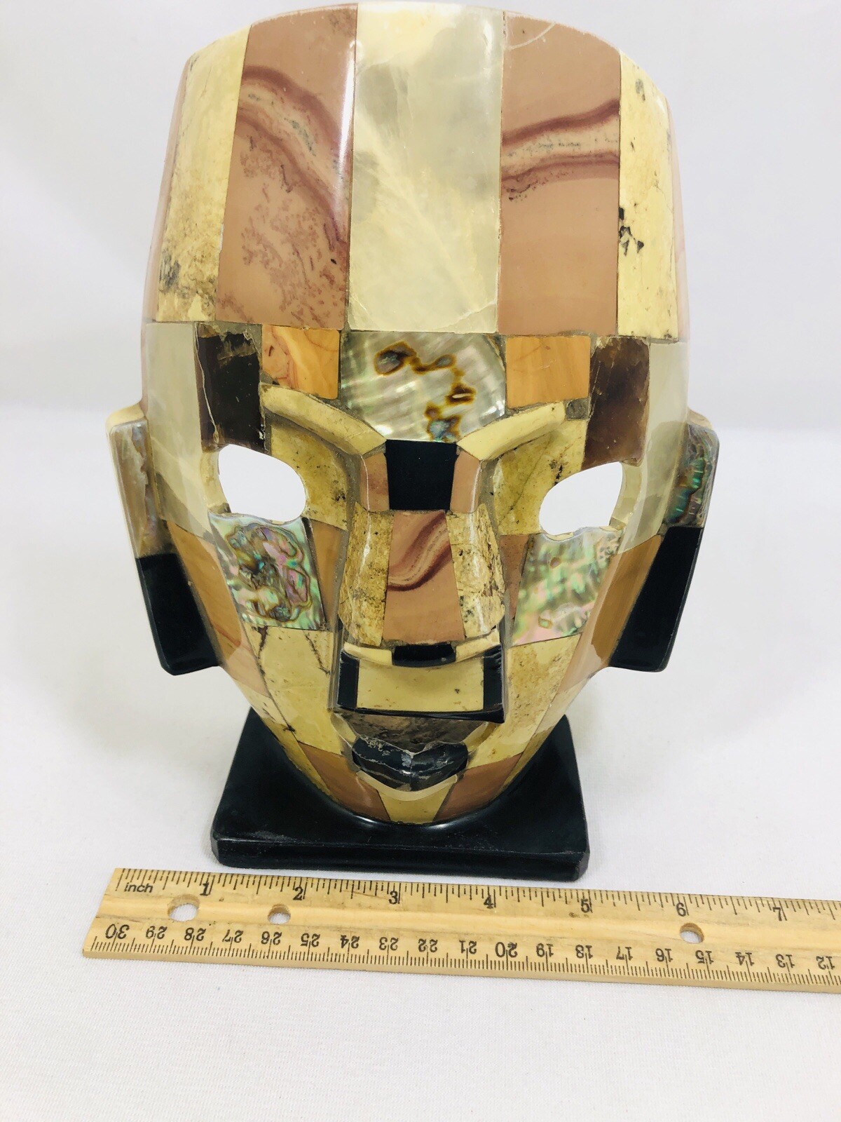 Mexican Mayan Aztec Ceremonial Burial Mask Mother Of Pearl Mosaic Sculpture
