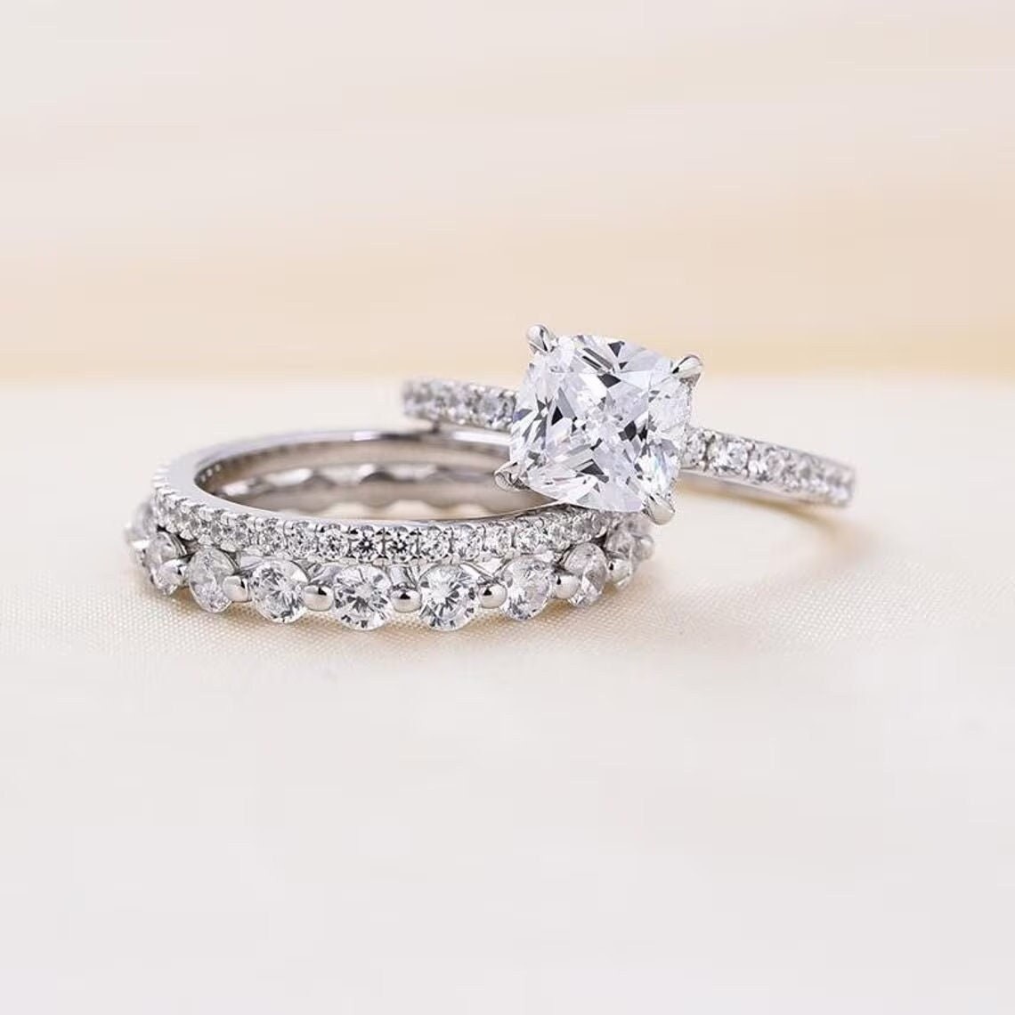 2.50 CT Cushion Cut VVS1 Moissanite Wedding Bridal Ring Set Solid 14K White Gold