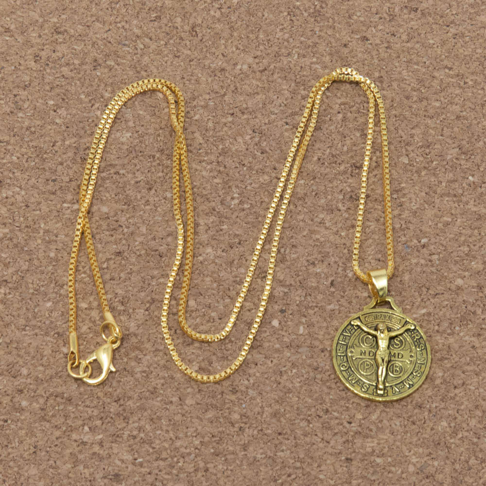 Gold Jesus Crucifix Saint St Benedict Medal Cross Pendant Necklace 24" Box Chain