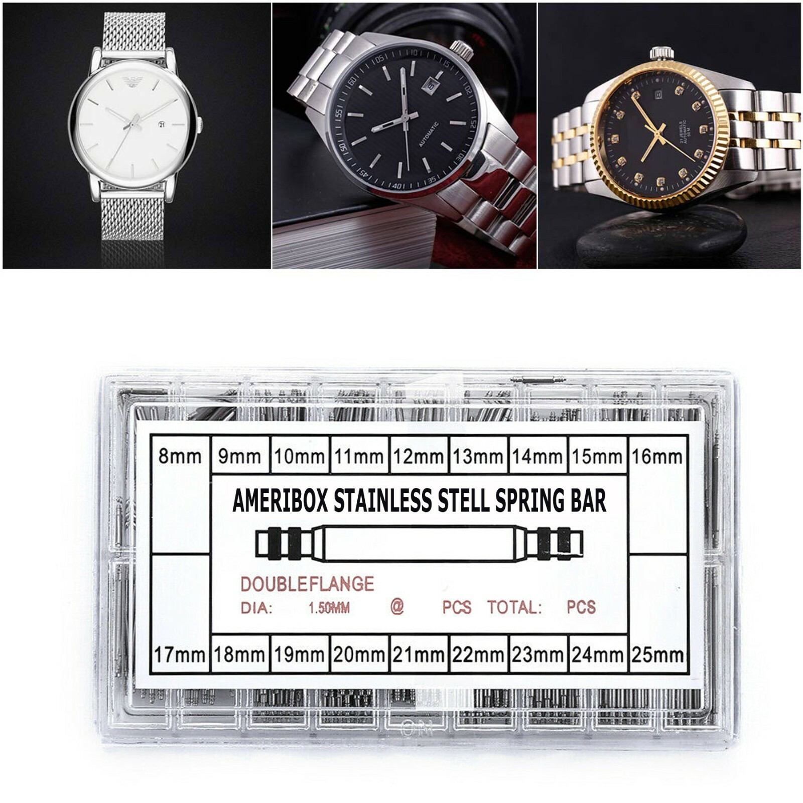 360pcs Watch PINS SPRING BARS Band Strap Link 8-25mm Repair Kit Stainless Steel