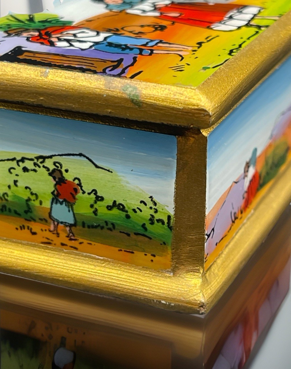 Peru Folk ART Peruvian Village Reverse Glass Painting Wooden Mini Trinket Box