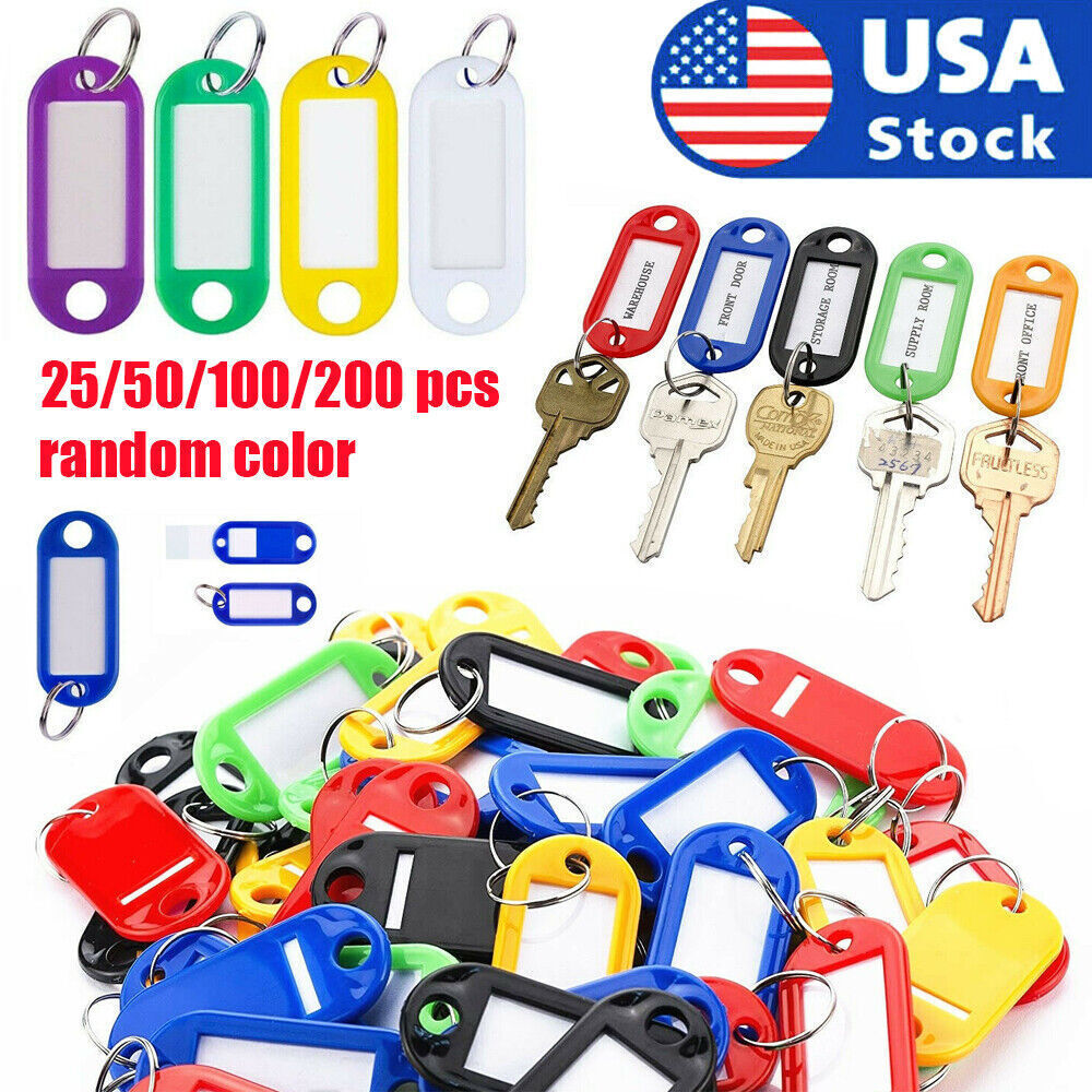 25-200 Plastic Key Tags Metal Ring Luggage Card Name Label Keychain Split Rings