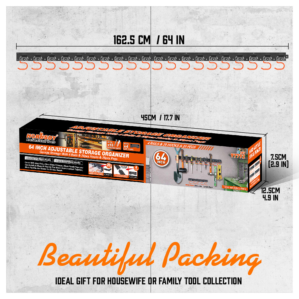 64 Inch Garage Tool Organizer Wall Mount Hooks Adjustable Storage Holders Garden