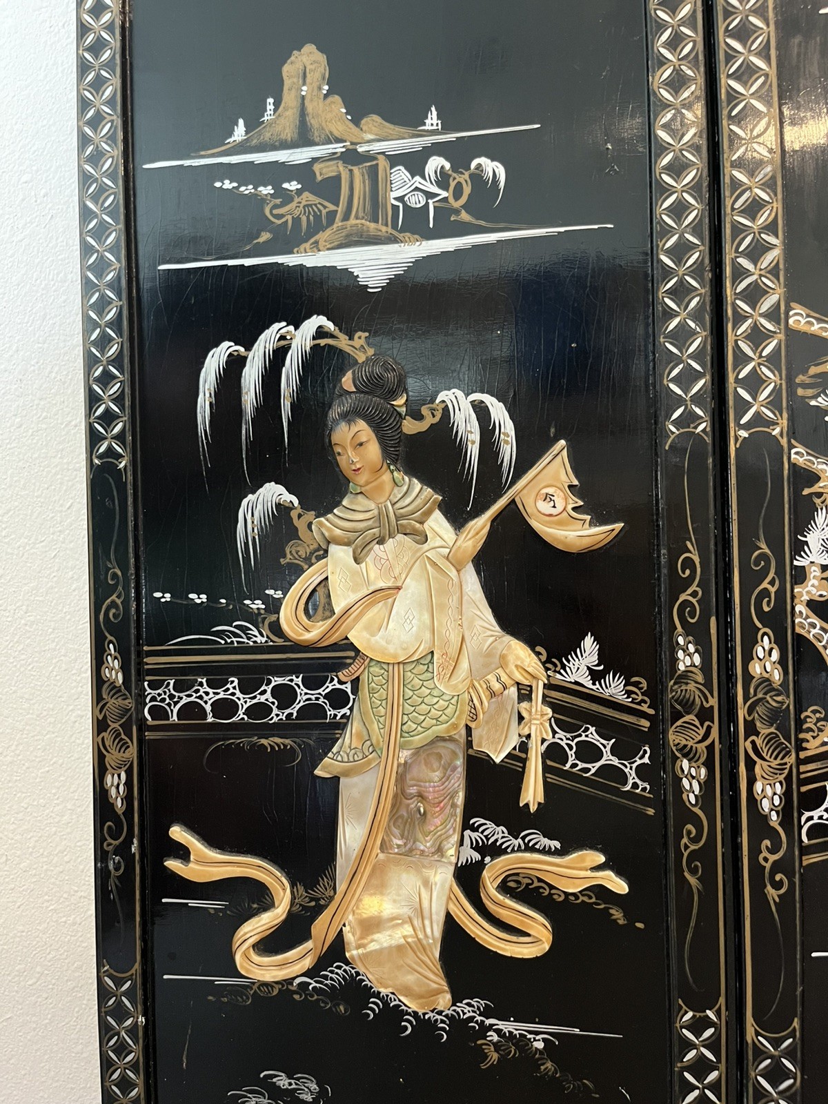 VTG 5 Asian Oriental BLACK Lacquer Mother of Pearl Wall Panels 36H x 11,5W, 30”