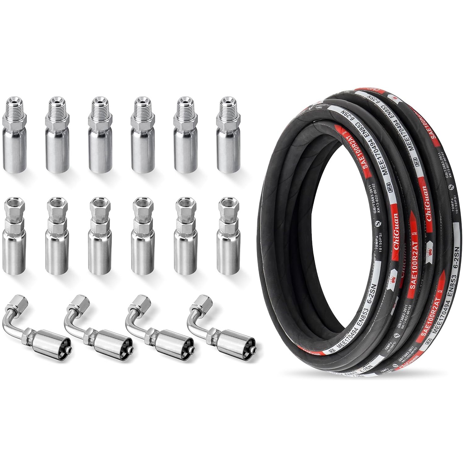 33FT 1/4" Hydraulic Hose w/ 16 Fittings (JIC Female & NPTF Male & JIC Female 90°