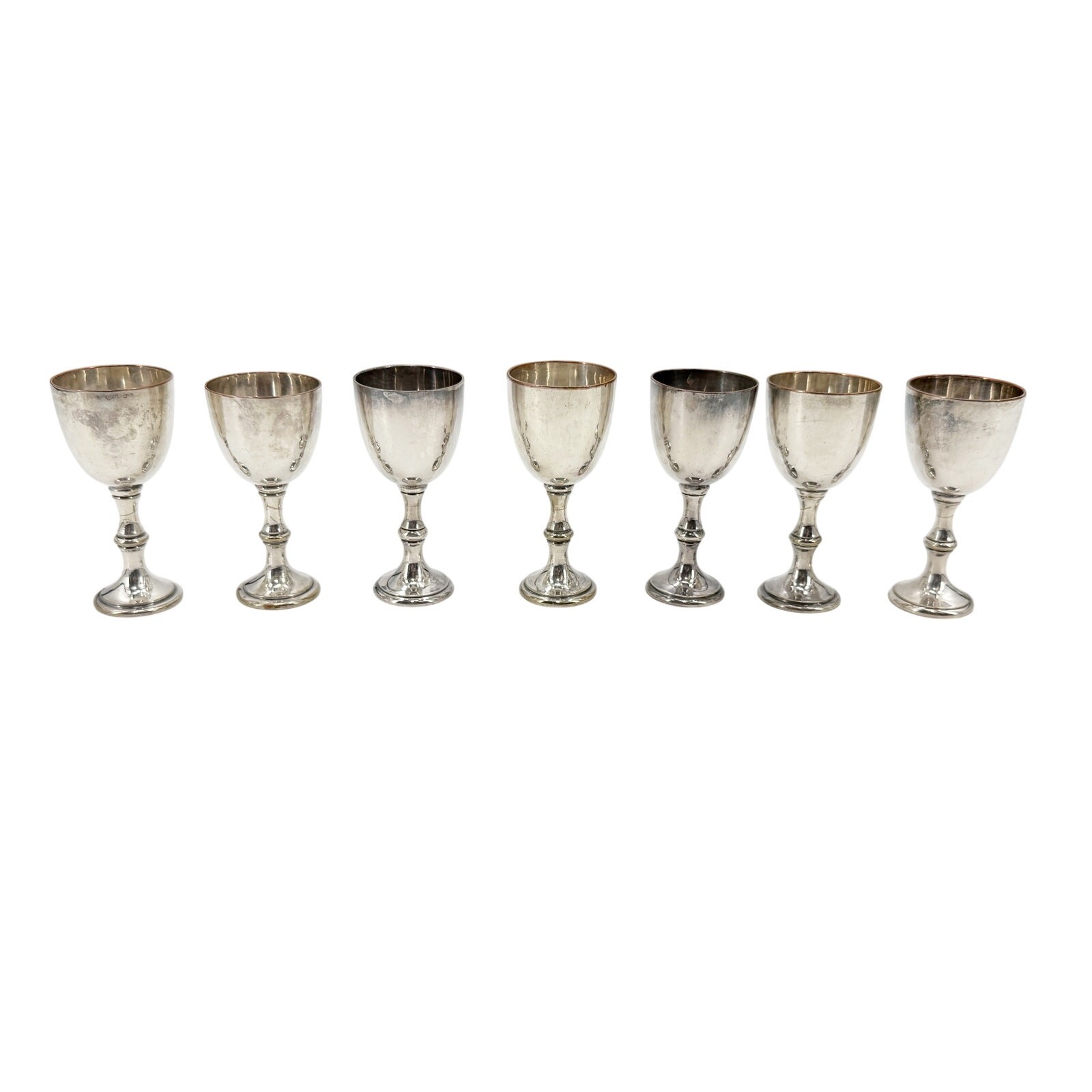 vintage set of 7 silver-plated small Cordial Goblets 3.5" tall mini metal cups