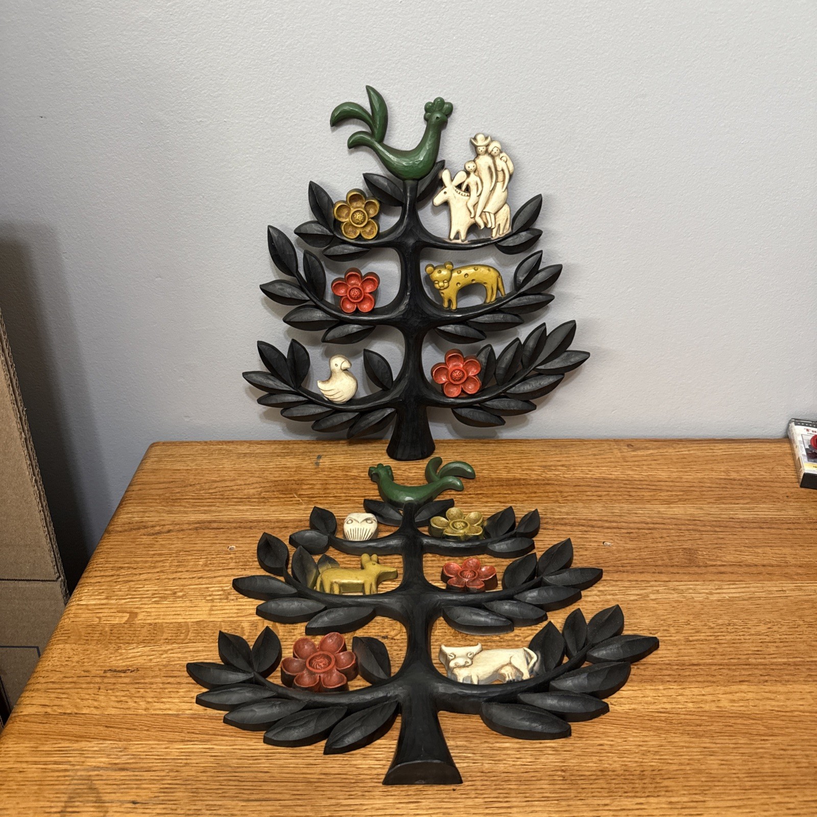 Vtg Set of 2 HOMCO Tree of Life Wall Plaques Boho Animals Flowers 14" x 13.5"