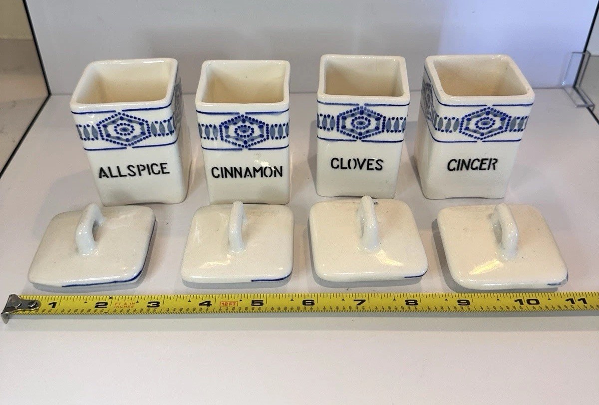 4 Blue and white Czechoslovakian spice canisters vintage