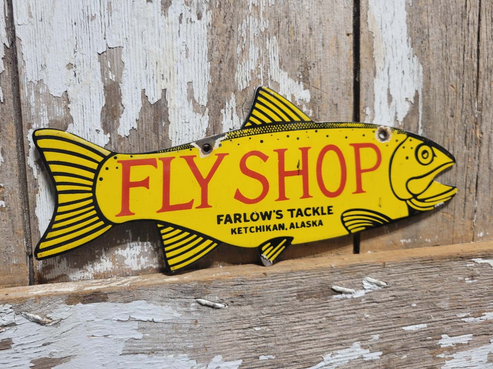 VINTAGE FISH PORCELAIN SIGN OLD FLY SHOP FARLOWS TACKLE KETCHIKAN ALASKA SALMON