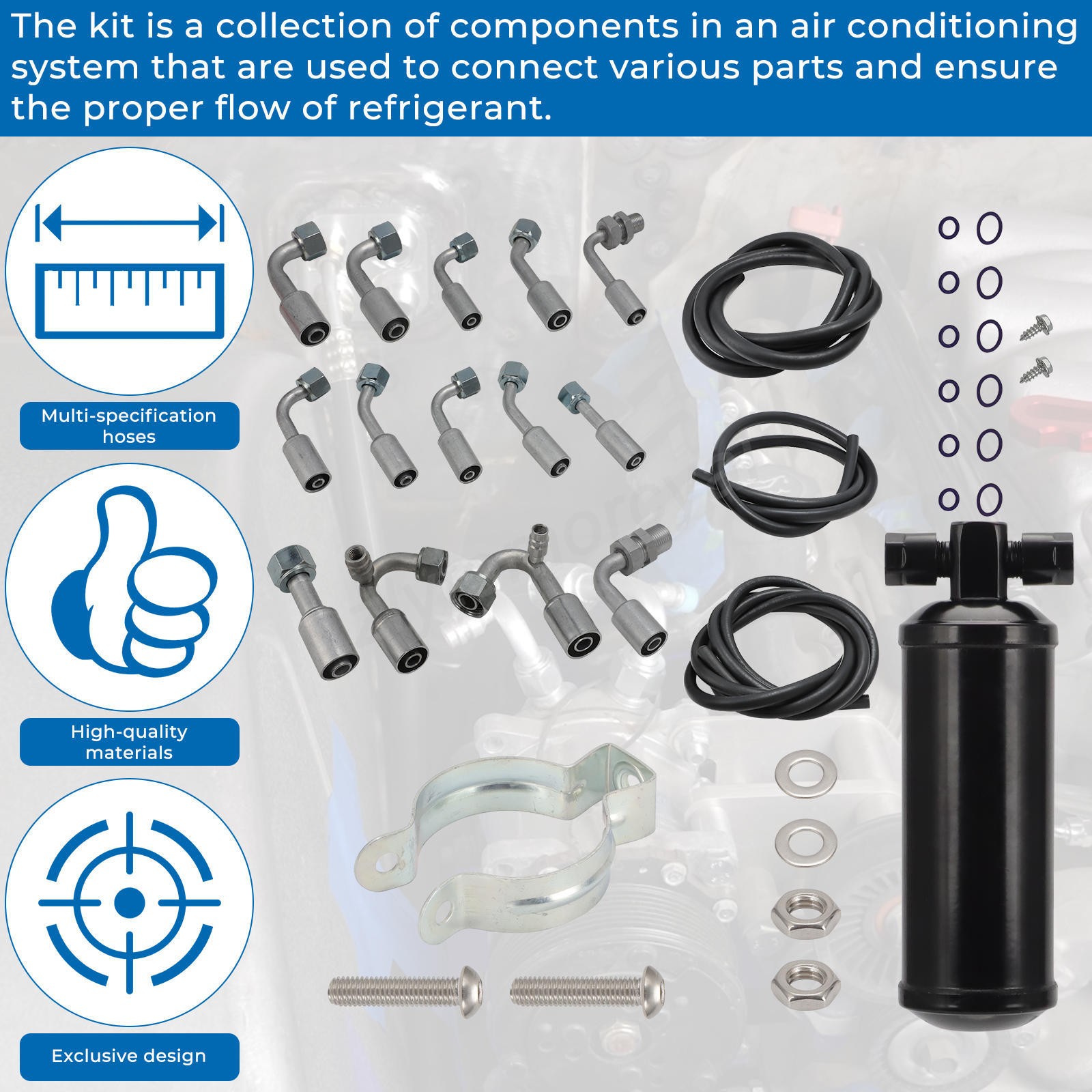 Universal 134a Air Conditioning A/C Extended Length Hose Line Kit Fittings Drier