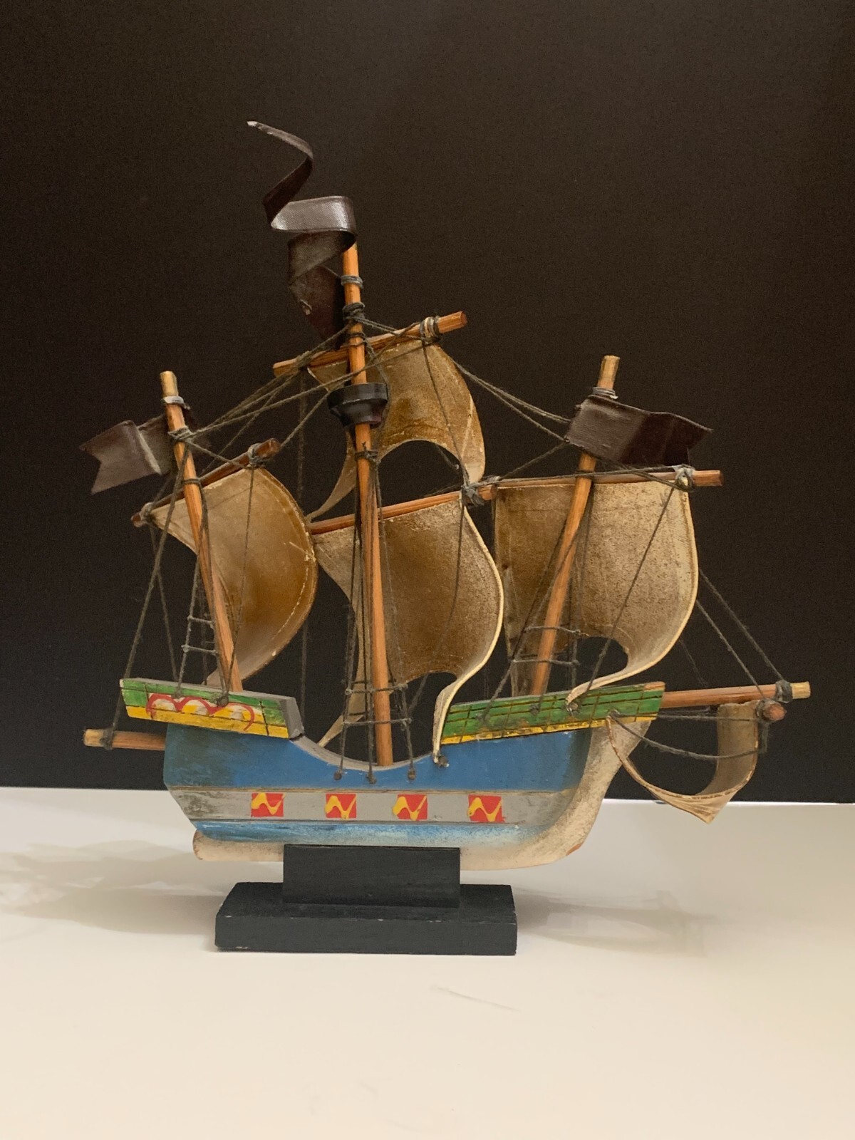 Vintage Mayflower Ship Figure Wood and Cloth