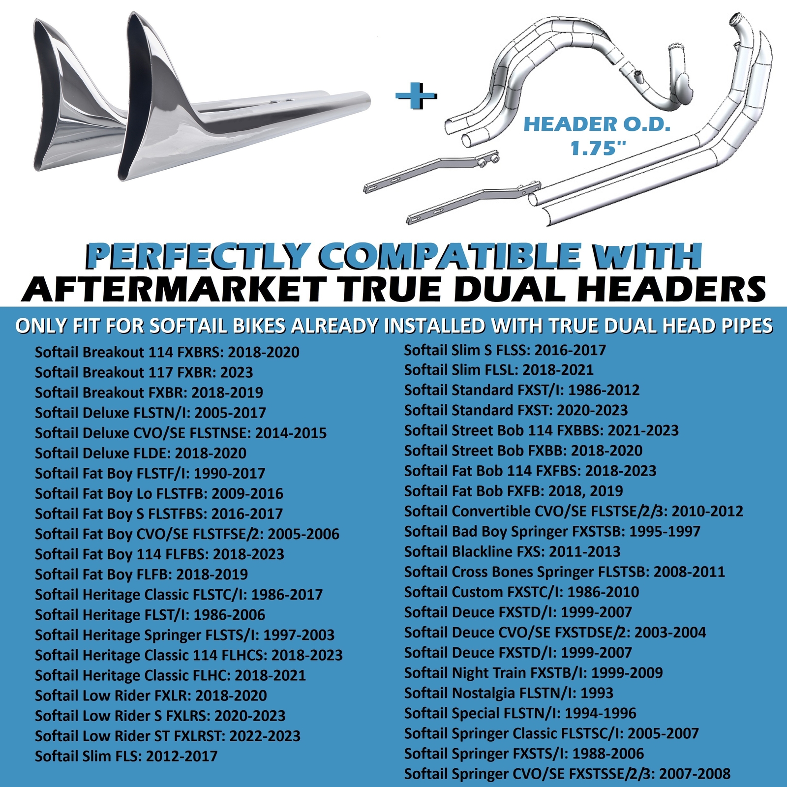 SHARKROAD 42'' Fishtail Pipes for Harley Softail with 1.75'' True Dual Headers