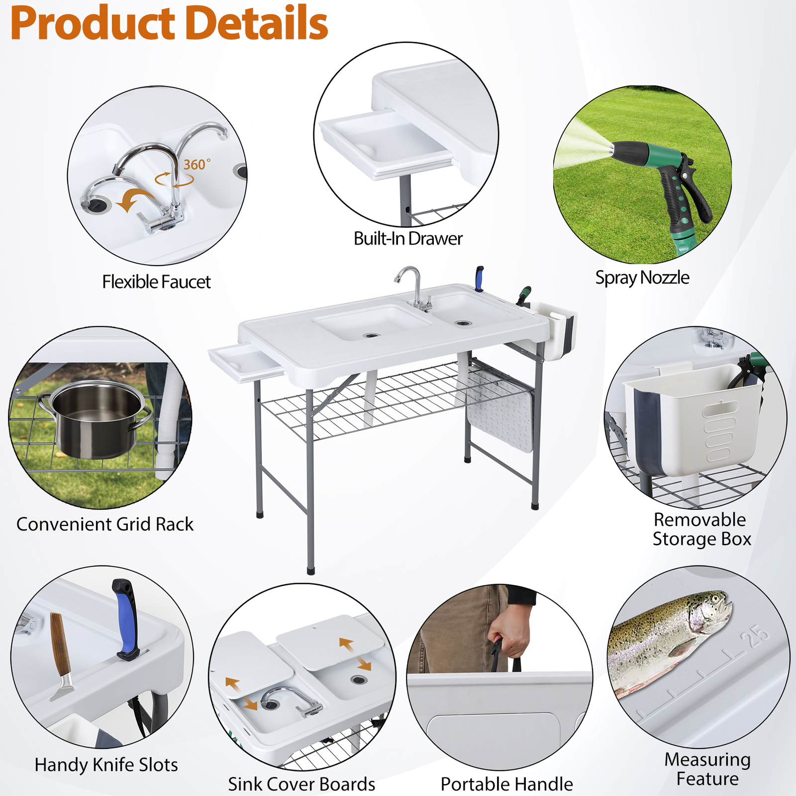 Fish Cleaning Table with Sink 42.6" Width Portable Folding Camping Table Patio