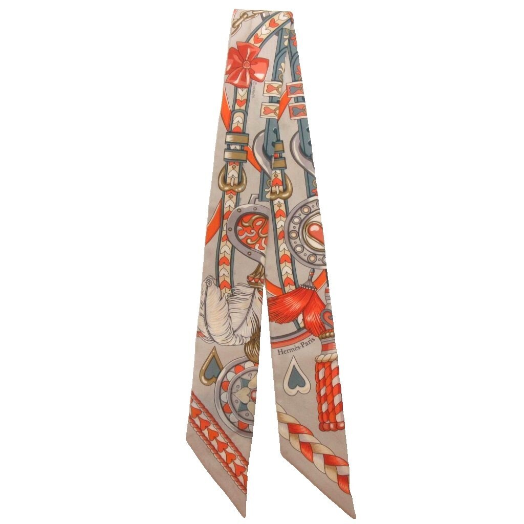 Hermès Twilly Arne de Coeur Orange Silk Scarf 84cm Used