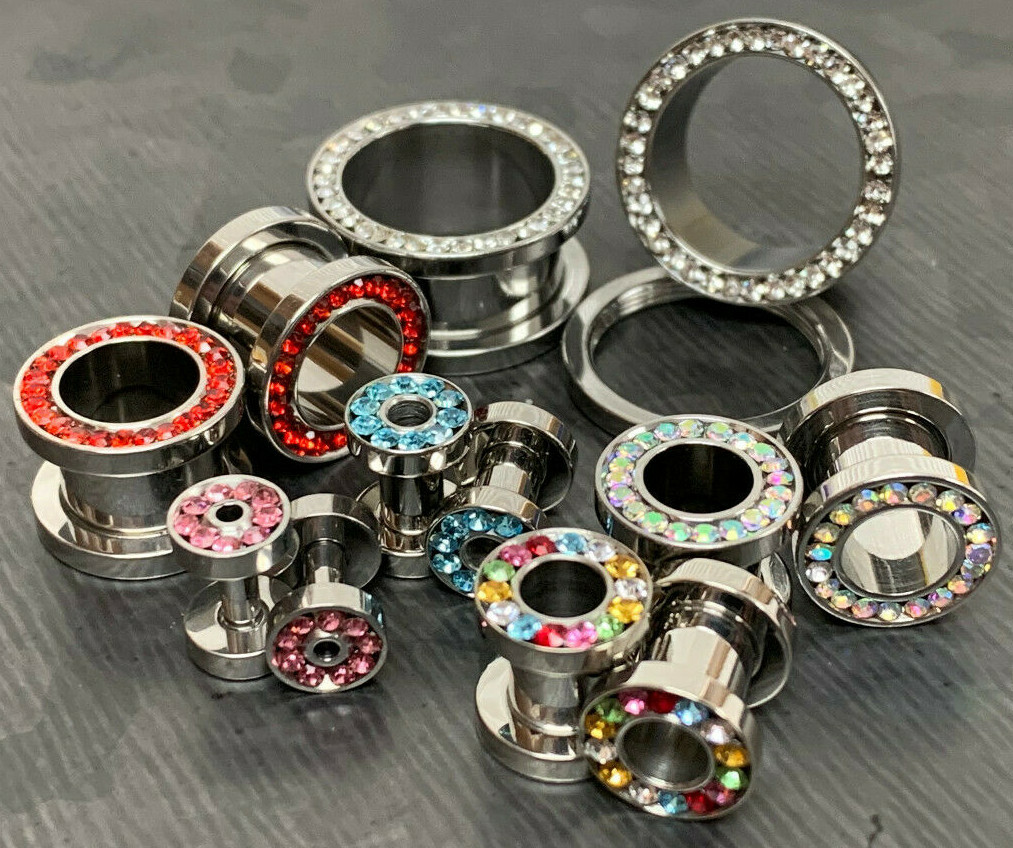 PAIR CZ Gem Rimmed 316L Surgical Steel Screw Fit Tunnels Plugs Earlets Gauges