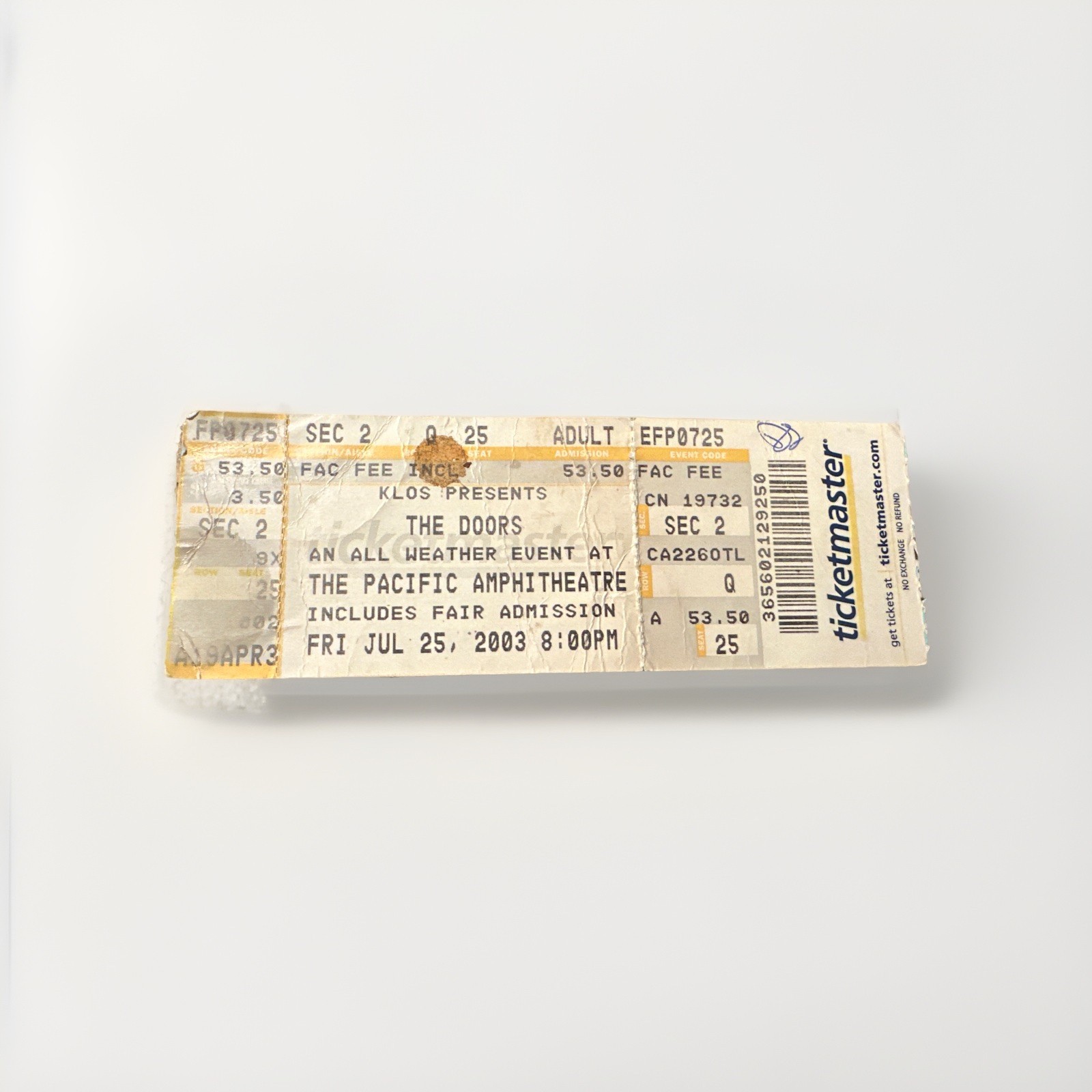 THE DOORS RARE CONCERT TICKET FULL STUB 7-25-2003 Pacific  Amphitheatre