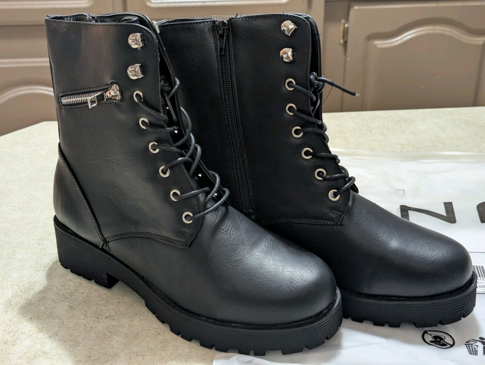 Cinak Women's Size 8 Black Combat Style Boots Zip Compartment
