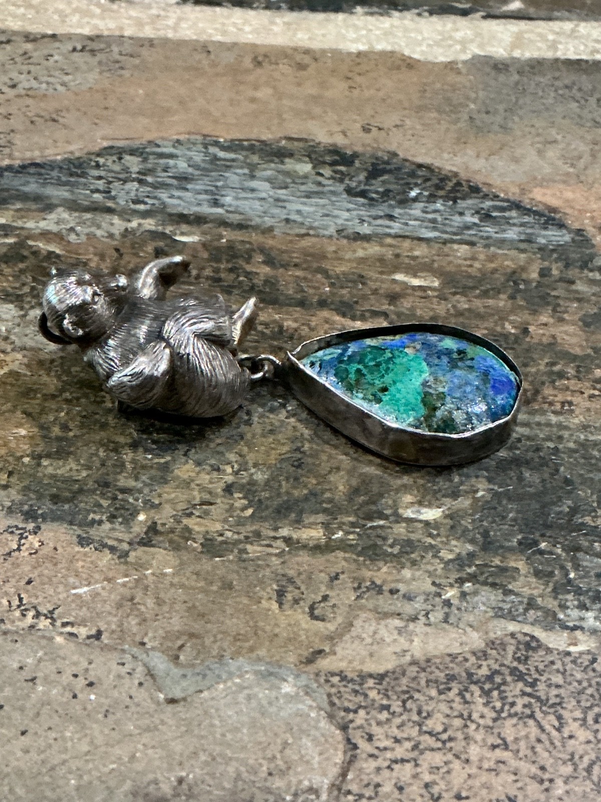 Carol Felley Sterling Silver 3D Bear w Stone Teardrop Pendant/Pin Unique Beauty