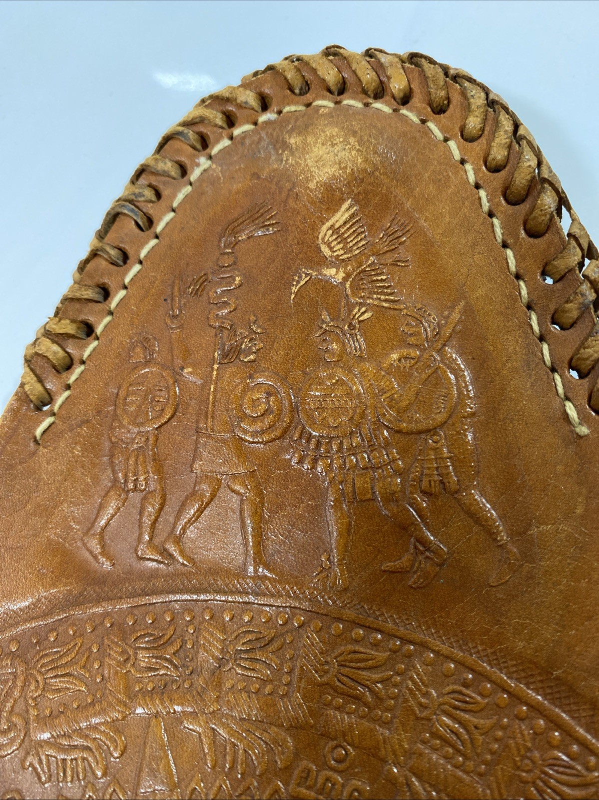 Vintage Leather Tripod Stool Cover Mexican Aztec Calendar Saddle Hand Tooled