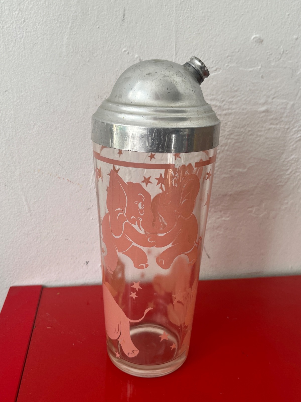 Mid Century MCM Barware Hazel Atlas Dancing Elephants Cocktail Shaker 1950s