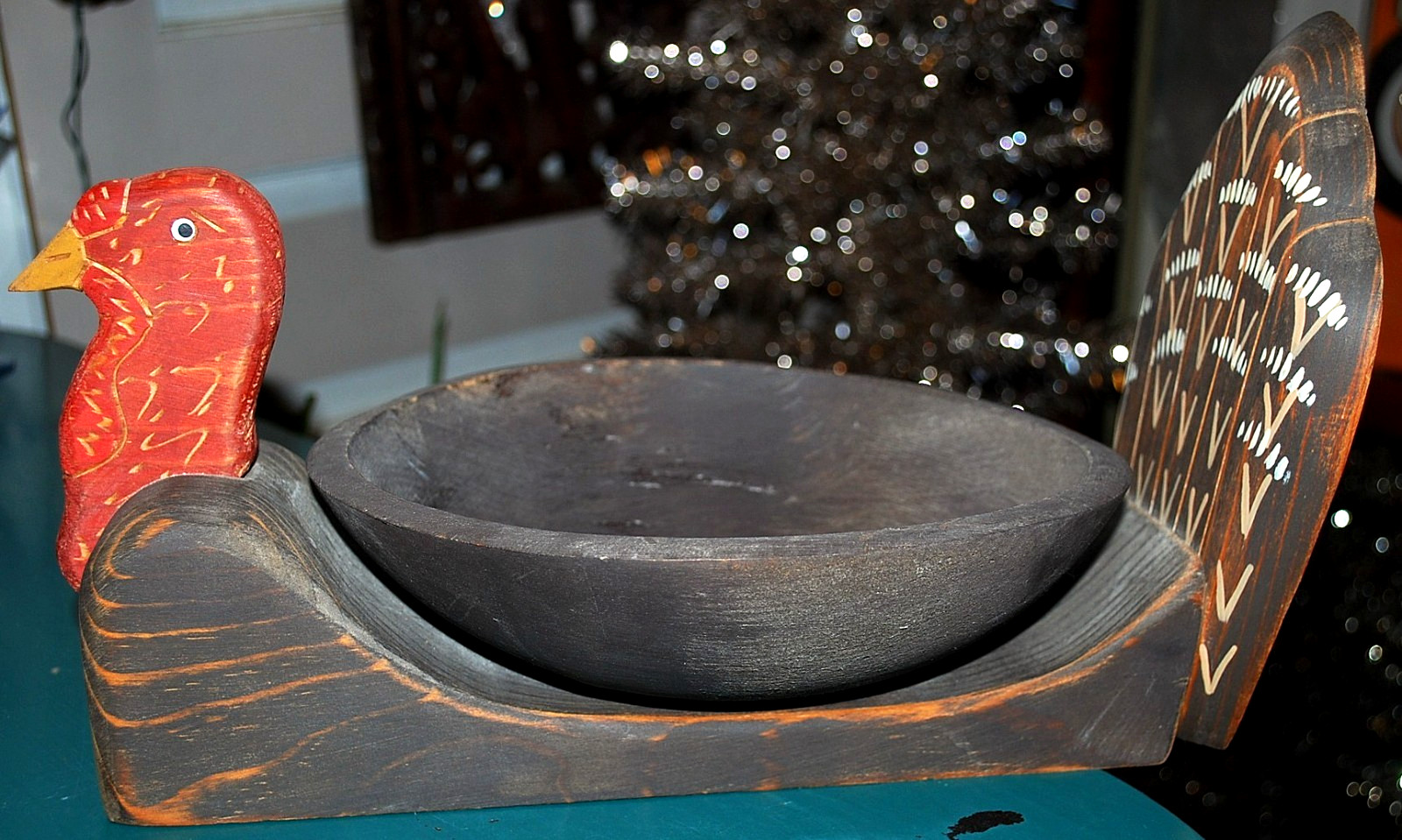 Vtg Hand Carved WOODEN TURKEY BOWL Painted FOLK ART Thanksgiving Centerpiece 14"