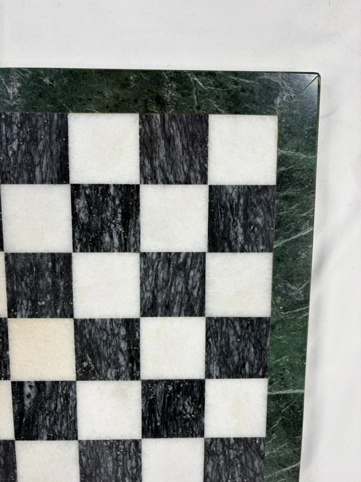 Marble Chess Board Black White With Green Border Stone 15 Inch Vintage Used