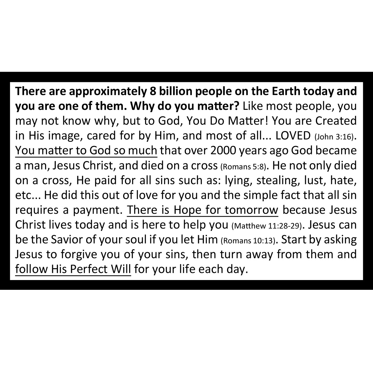 Your Life Matters | Gospel Tracts | Business Card Size | Pack of 50